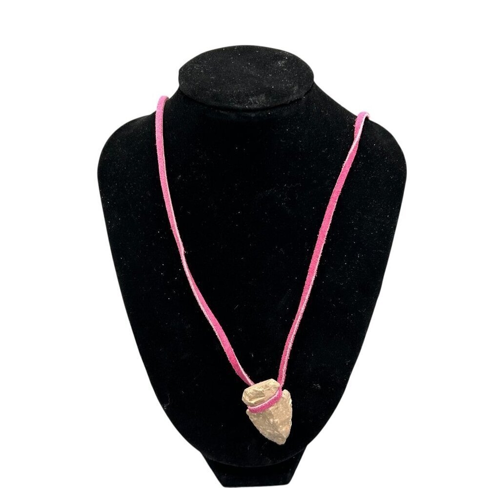 Arrowhead Stone Pendant Necklace on Pink Suede Leather Cord Boho Tribal